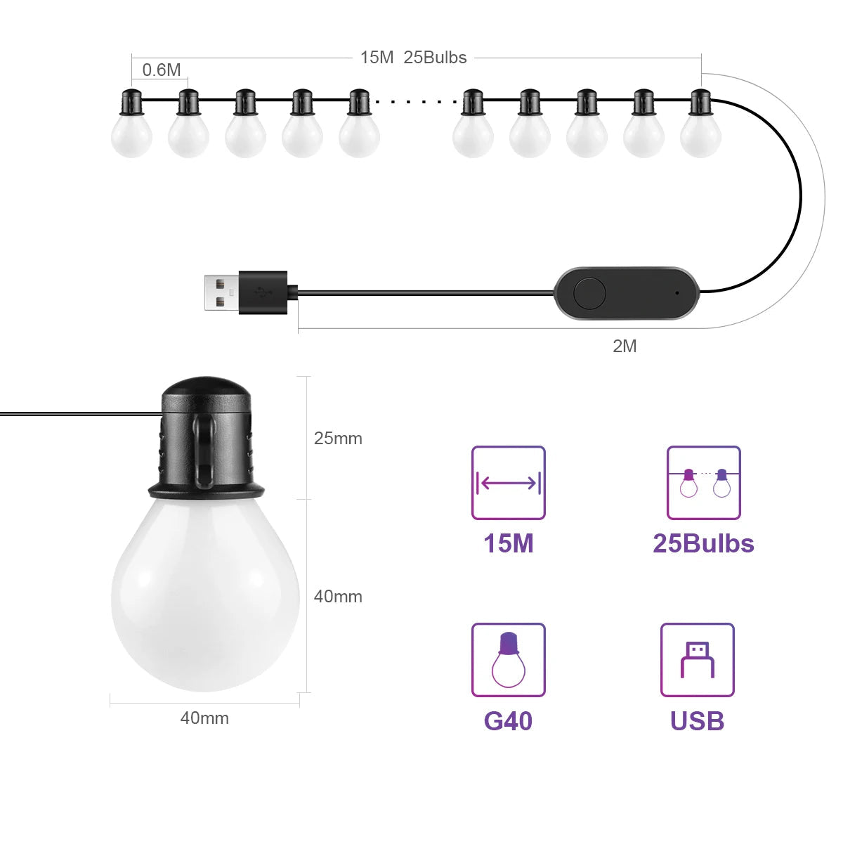 Tuya Smart WIFI G40 LED Bulb String Light USB 15M 25 Blubs Fairy Lights Christmas Bedroom Outdoor Garden Decor Festoon Garland LUXORIA