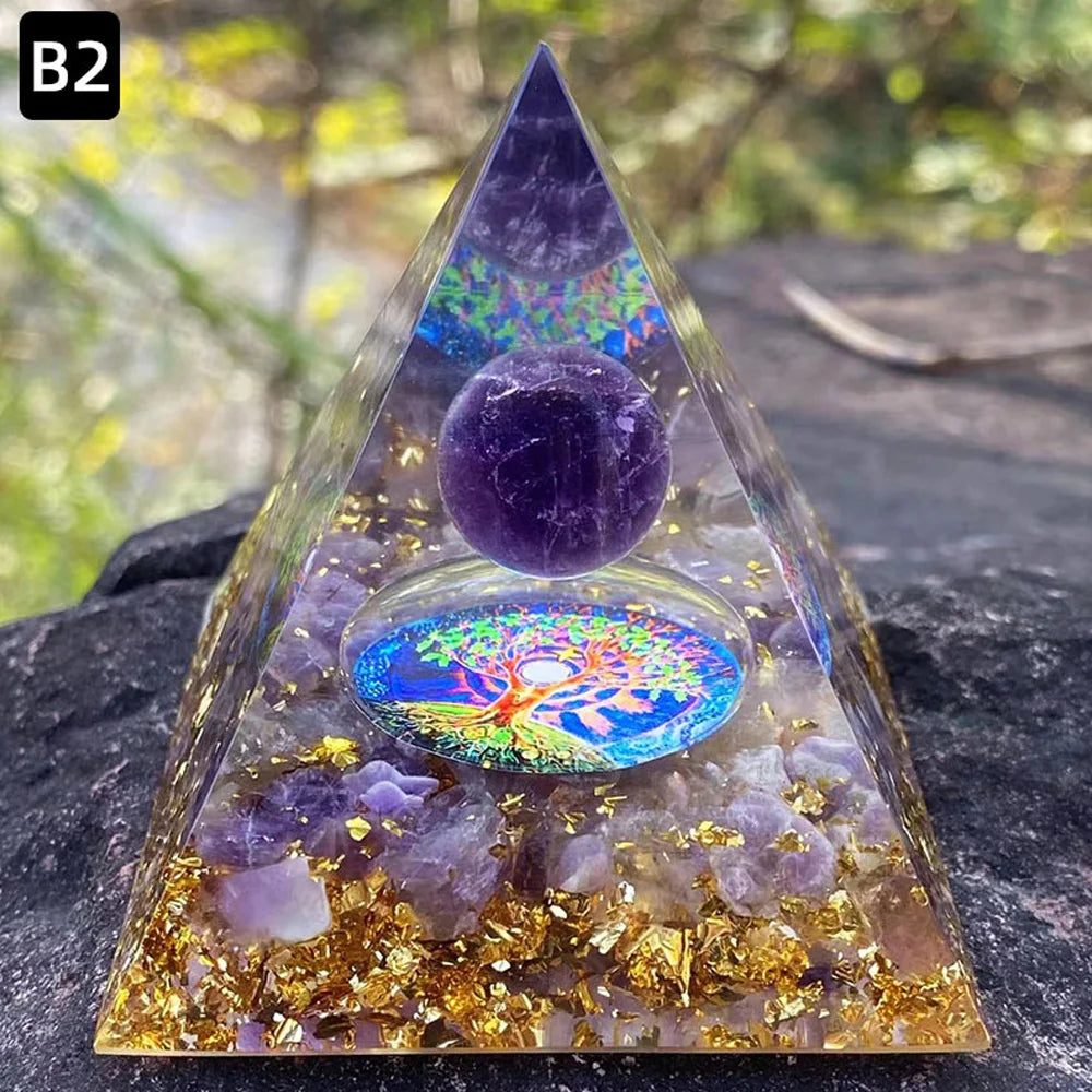 6cm Energy Pyramid Orgonite Reiki Natural Amethyst Ball Healing Crystal Chakra Tool Ornaments Resin Stones Home Decoration Gifts LUXORIA