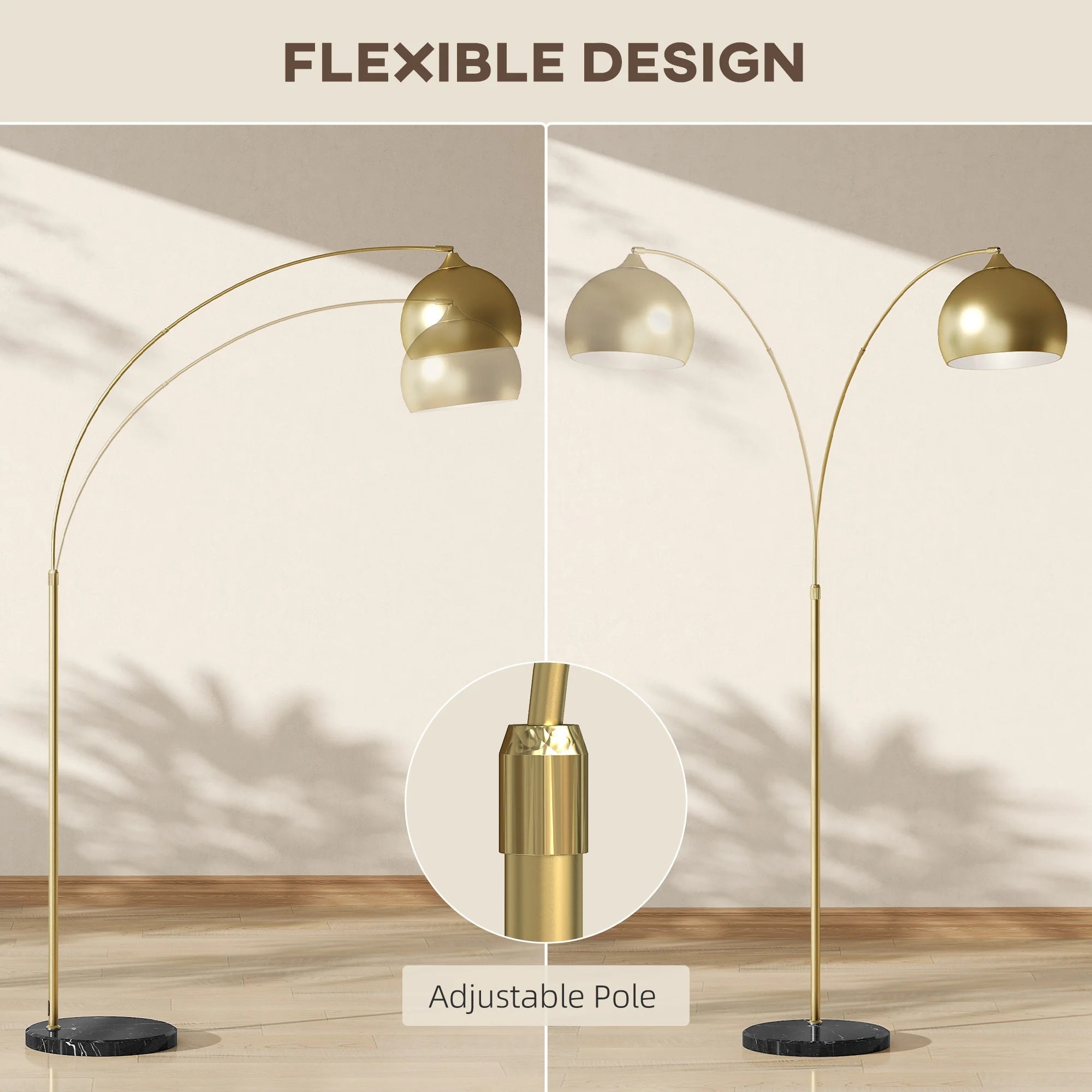 Homcom Modern Arc Floor Lamp, 40 W Floor Reading Lamp for E27 Bulb with Adjustable Height and Length, Foot Switch, for Living Room, Bedroom, Office, 110-115X35X170-180 Cm, Gold LUXORIA