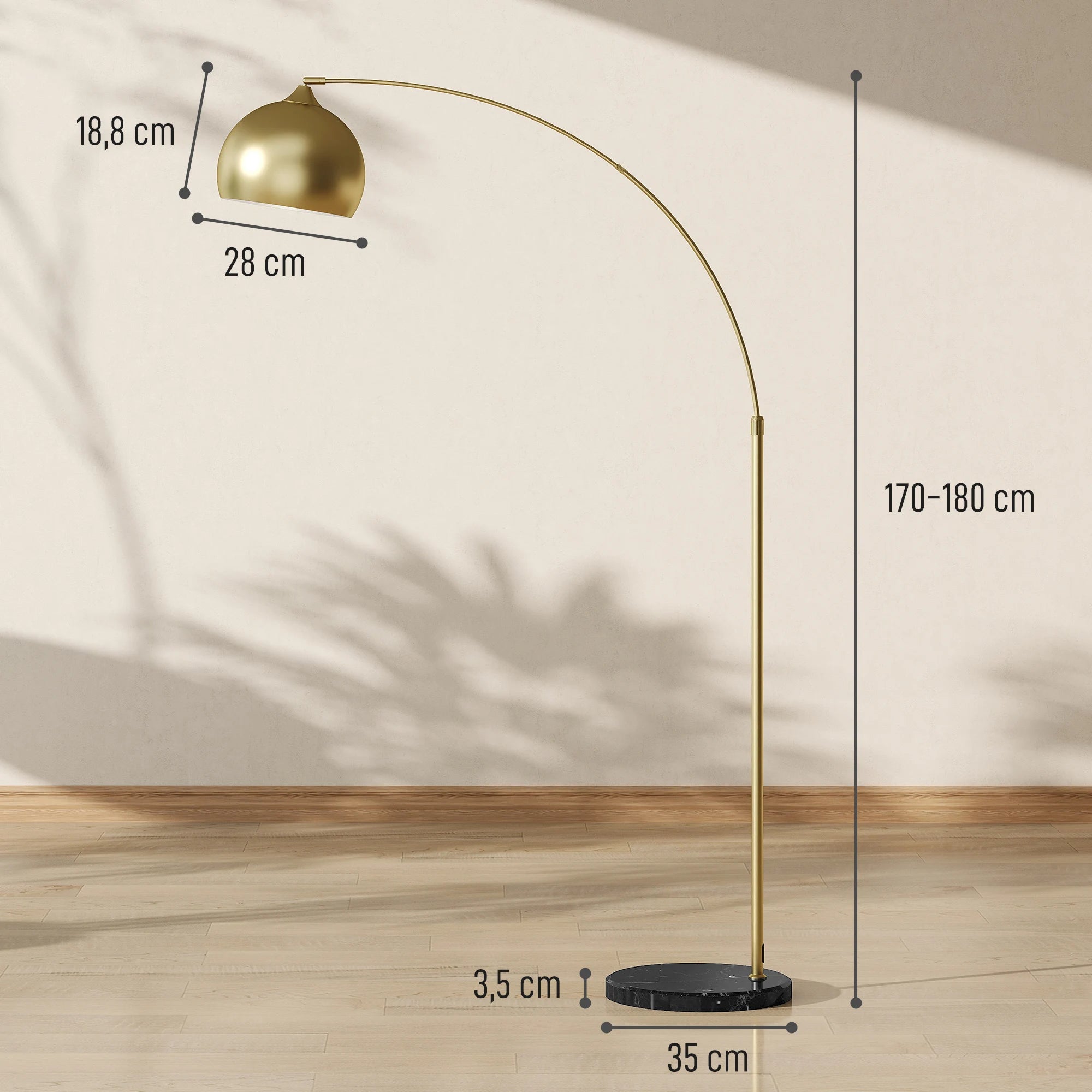 Homcom Modern Arc Floor Lamp, 40 W Floor Reading Lamp for E27 Bulb with Adjustable Height and Length, Foot Switch, for Living Room, Bedroom, Office, 110-115X35X170-180 Cm, Gold LUXORIA