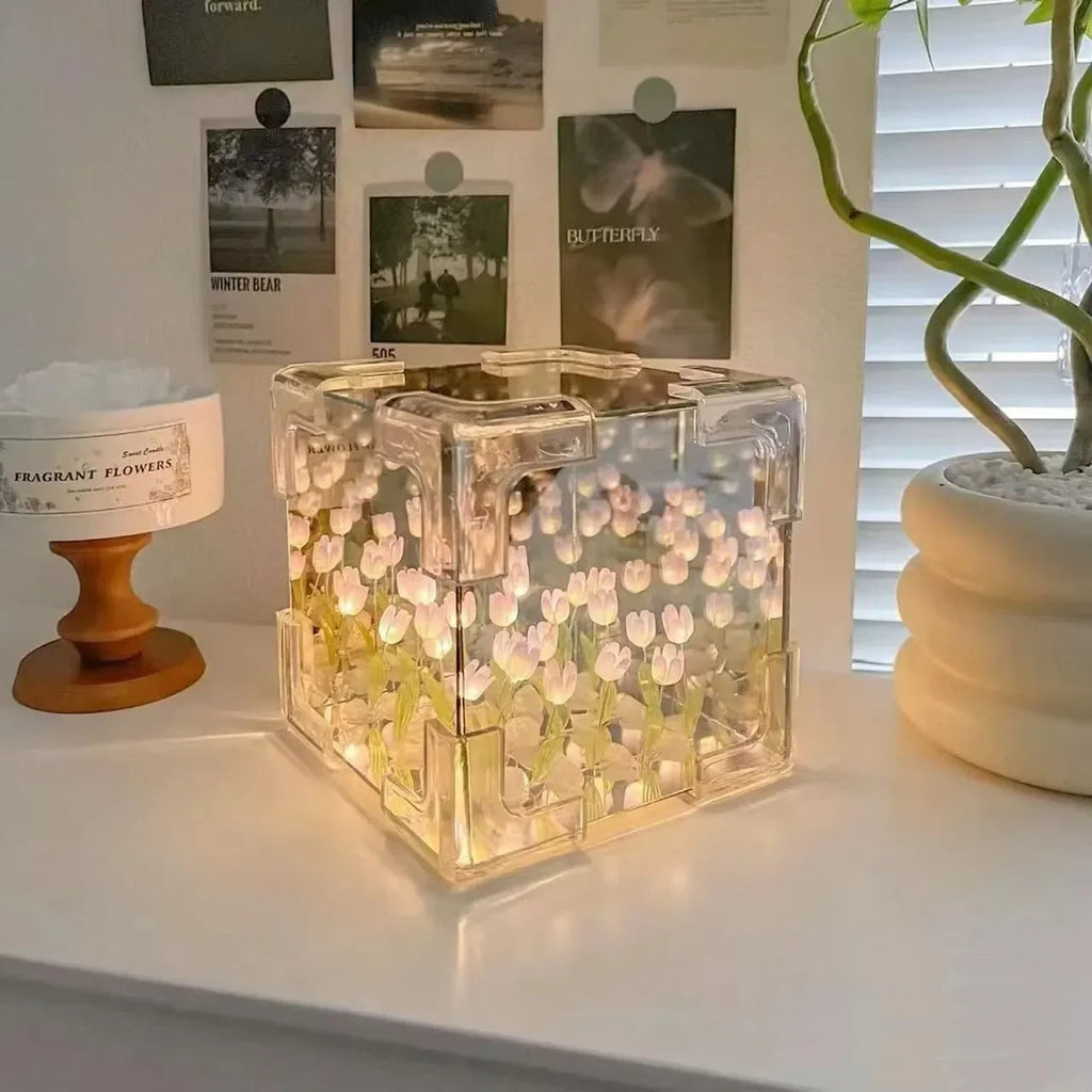 Creative Diy Tulip Flower Sea Cube Three-Dimensional Small Night Lamp Material Package for Girlfriend Couple Girlfriends LUXORIA