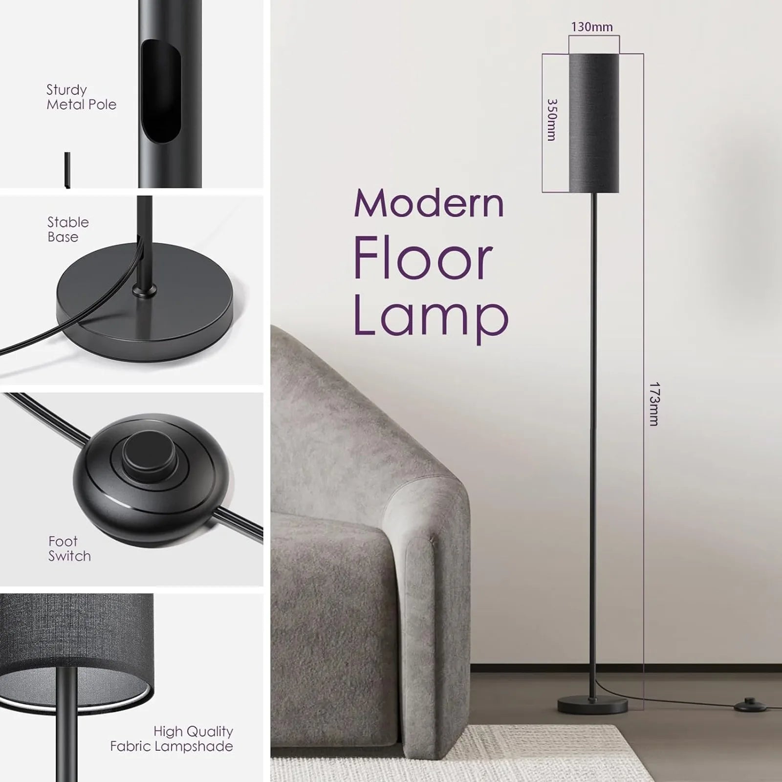 Modern Floor Lamp Standing Tall Light Foot Switch RGB Floor Lamp for Bedroom Living Room Study Room Office LUXORIA