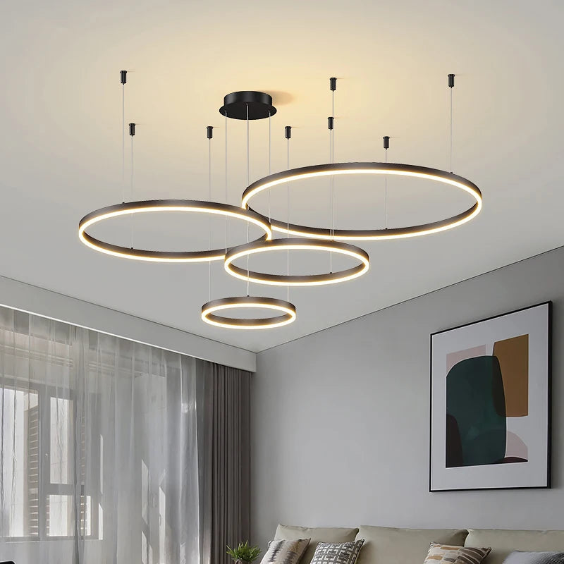 Minimalist Modern Led Chandelier Home Lighting Brushed Rings Ceiling Mounted Chandelier Lighting Hanging Lamp Gold&Black Frame LUXORIA