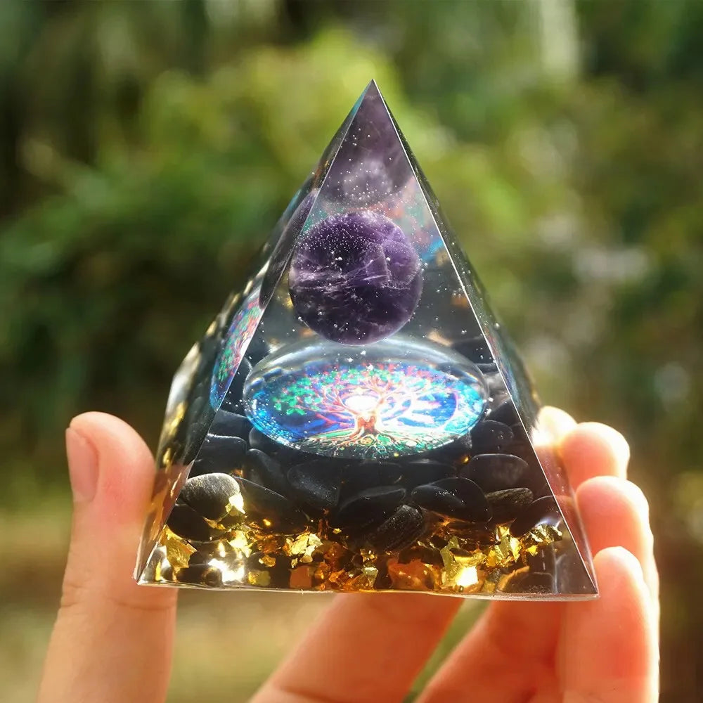 6cm Energy Pyramid Orgonite Reiki Natural Amethyst Ball Healing Crystal Chakra Tool Ornaments Resin Stones Home Decoration Gifts LUXORIA